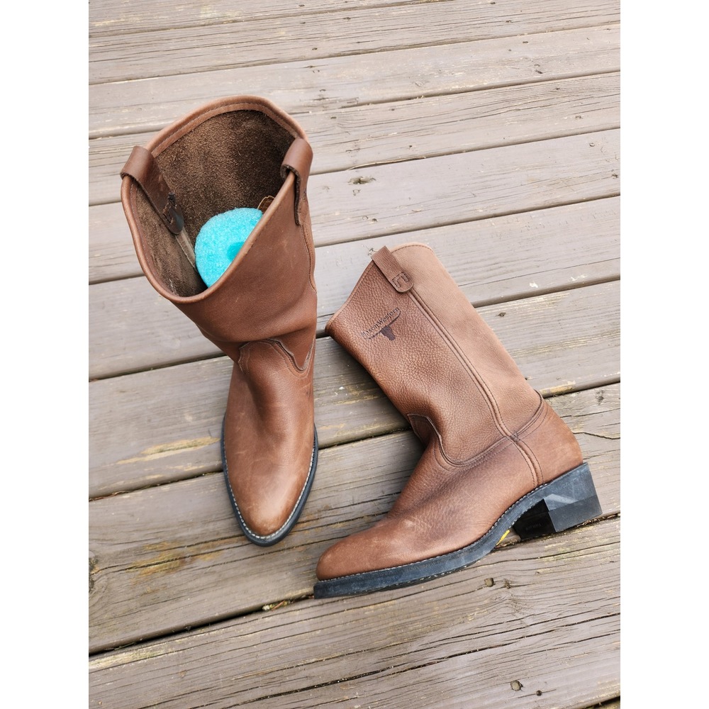 Vintage 90s Mason Western Boots Brown Leather Pullon Vibram Sole USA Made 9.5 EE